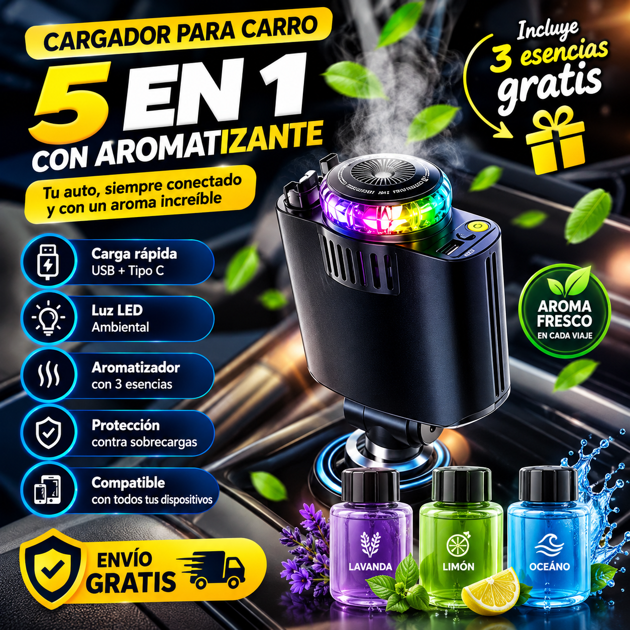 Cargador Retráctil Humidificador 5 En 1 LED