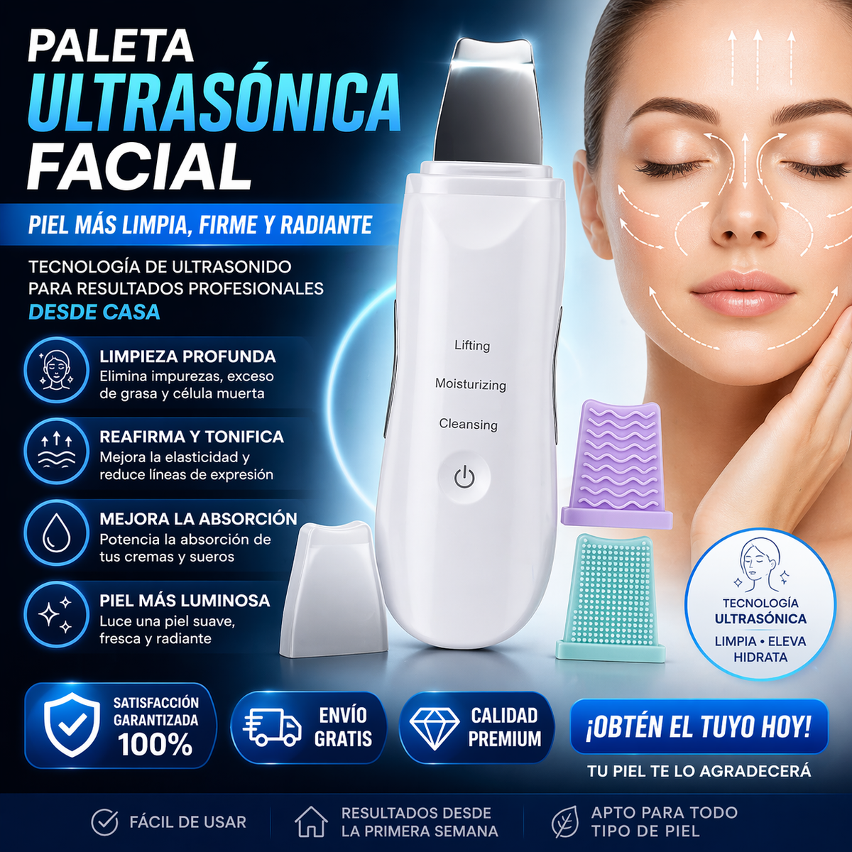 Paleta Ultrasonica Facial - Limpiadora Exfoliante y Recargable