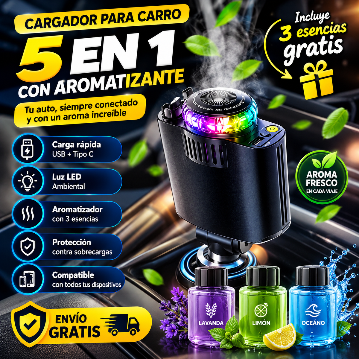 Cargador Retráctil Humidificador 5 En 1 LED